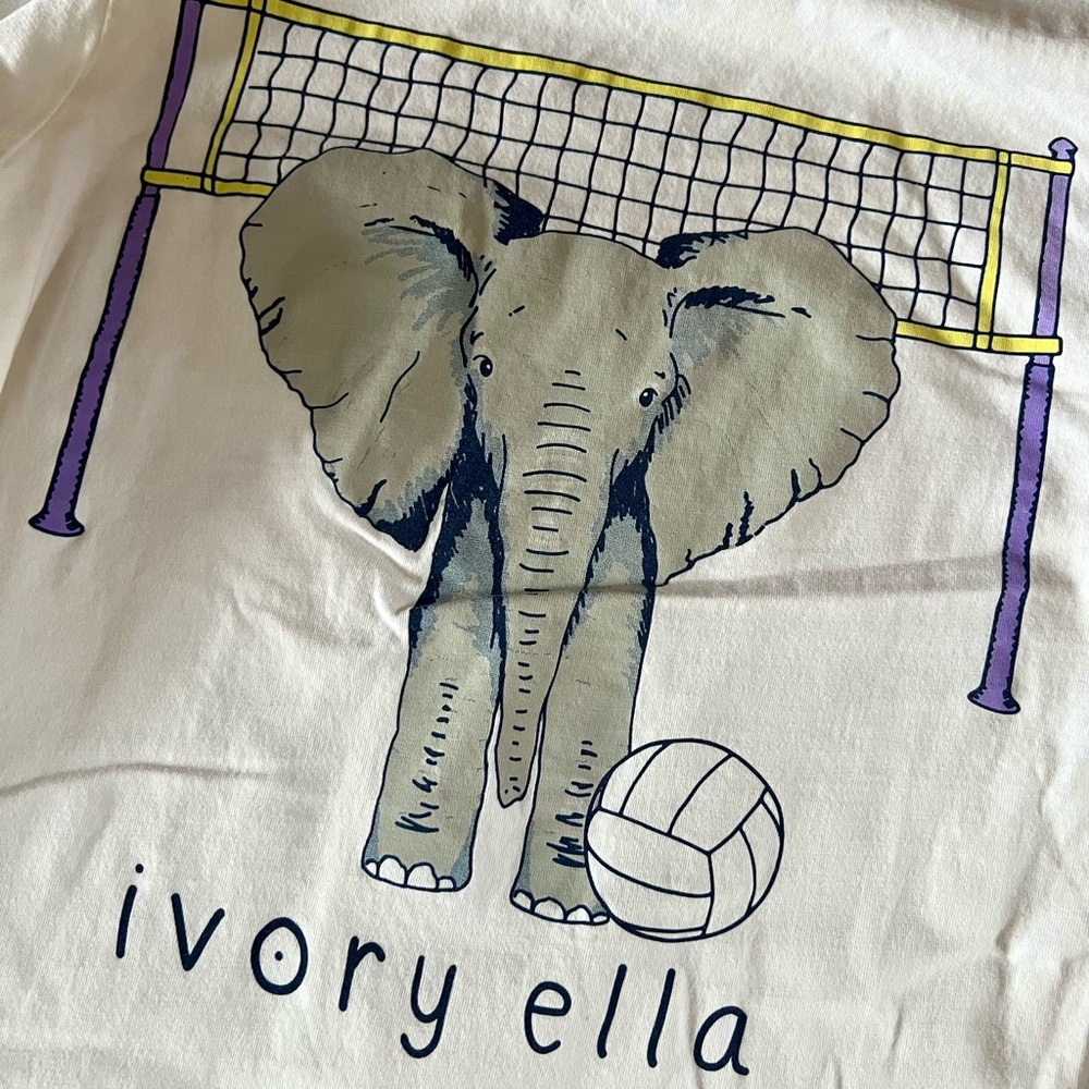 Ivory Ella Cream Tee with Elephant and Volleyball Design long sleeved Small